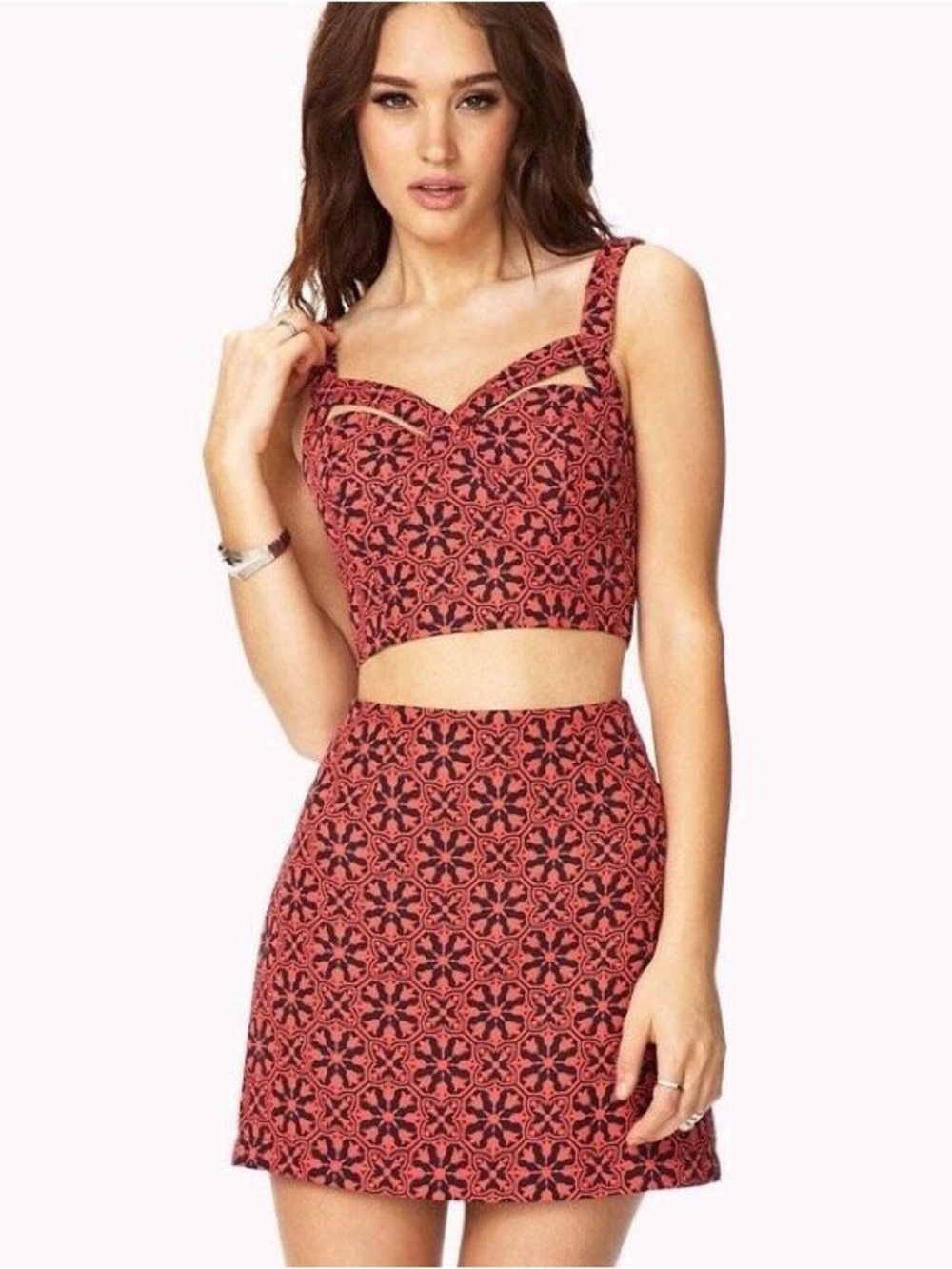Forever 21 Red Geometric Patterned Crop Top & Skirt Coordinated Set